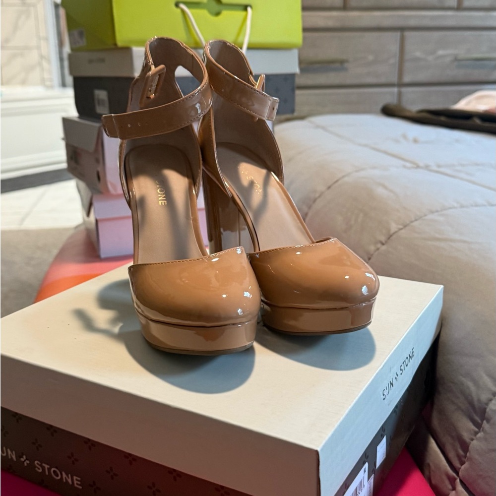 Sun + Stone Nude Patent Leather Platform Heels